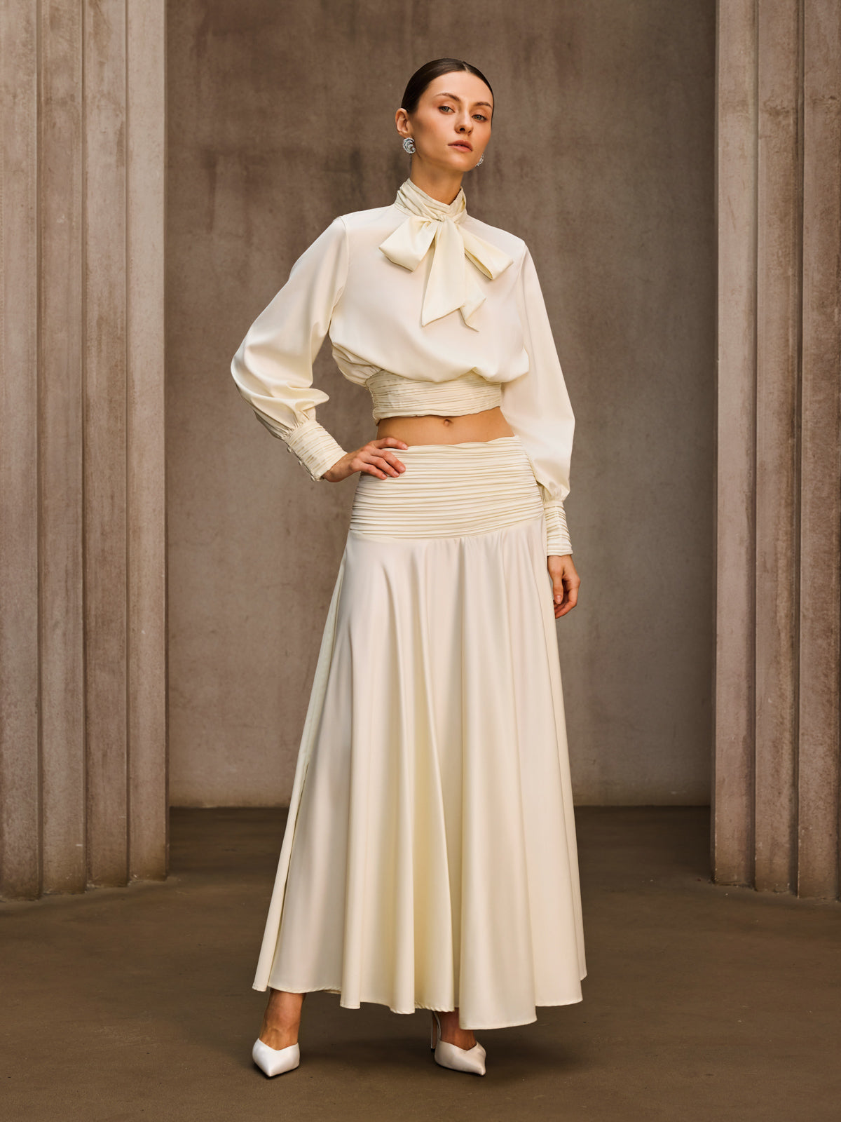 Joriel Long Sleeve Bow Satin Skirt Set