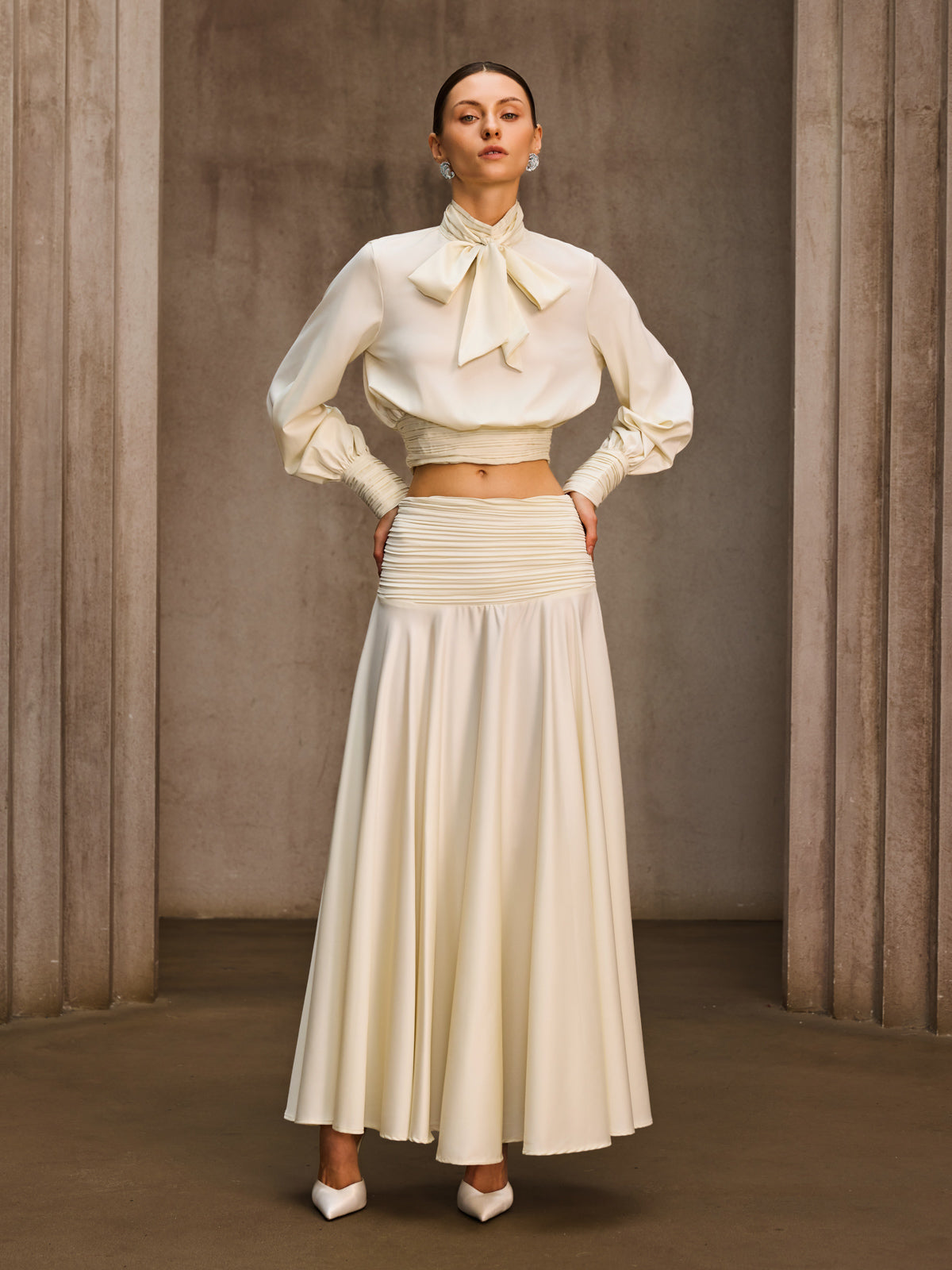 Joriel Long Sleeve Bow Satin Skirt Set