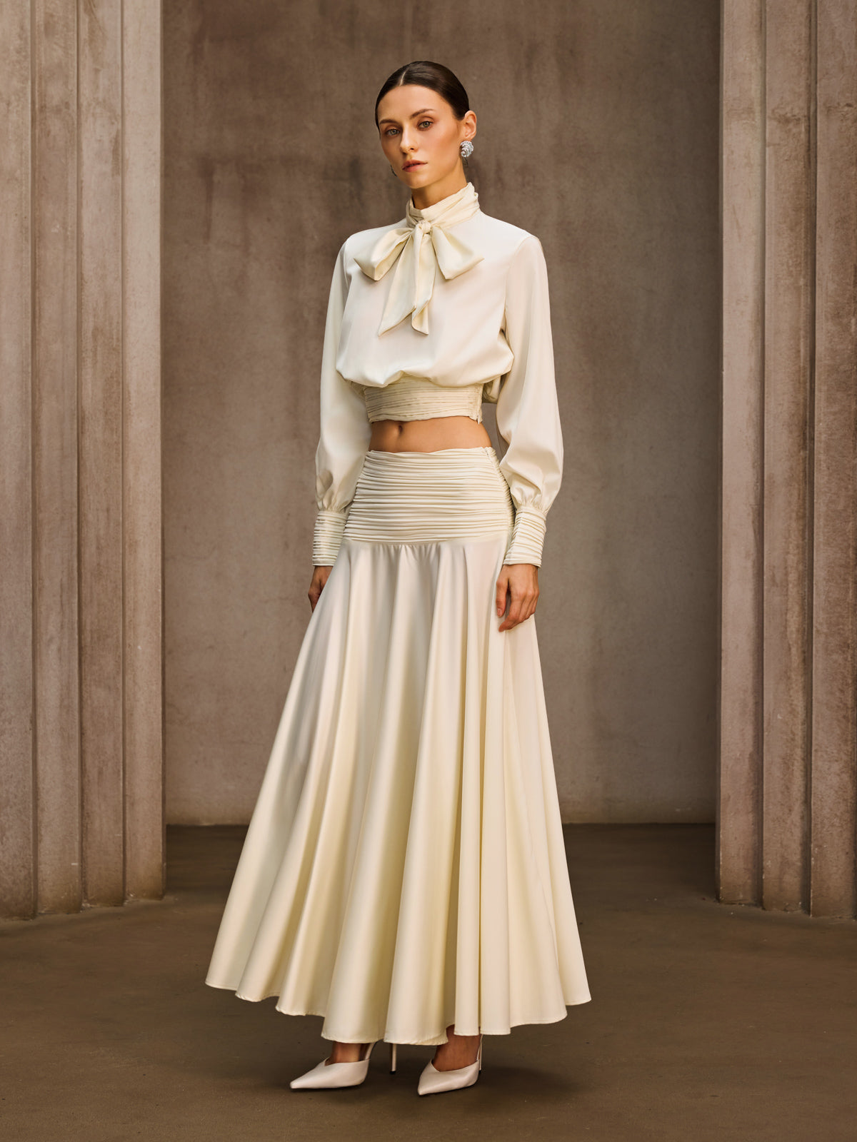 Joriel Long Sleeve Bow Satin Skirt Set