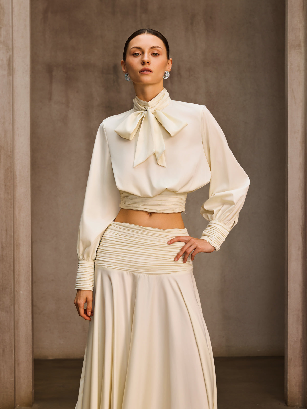 Joriel Long Sleeve Bow Satin Skirt Set