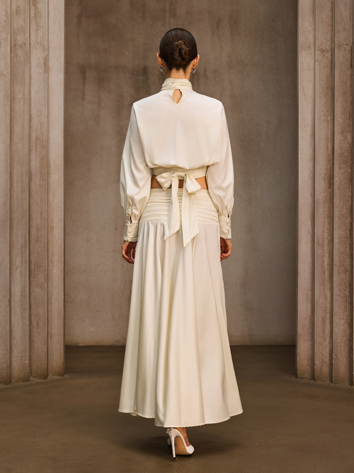 Joriel Long Sleeve Bow Satin Skirt Set