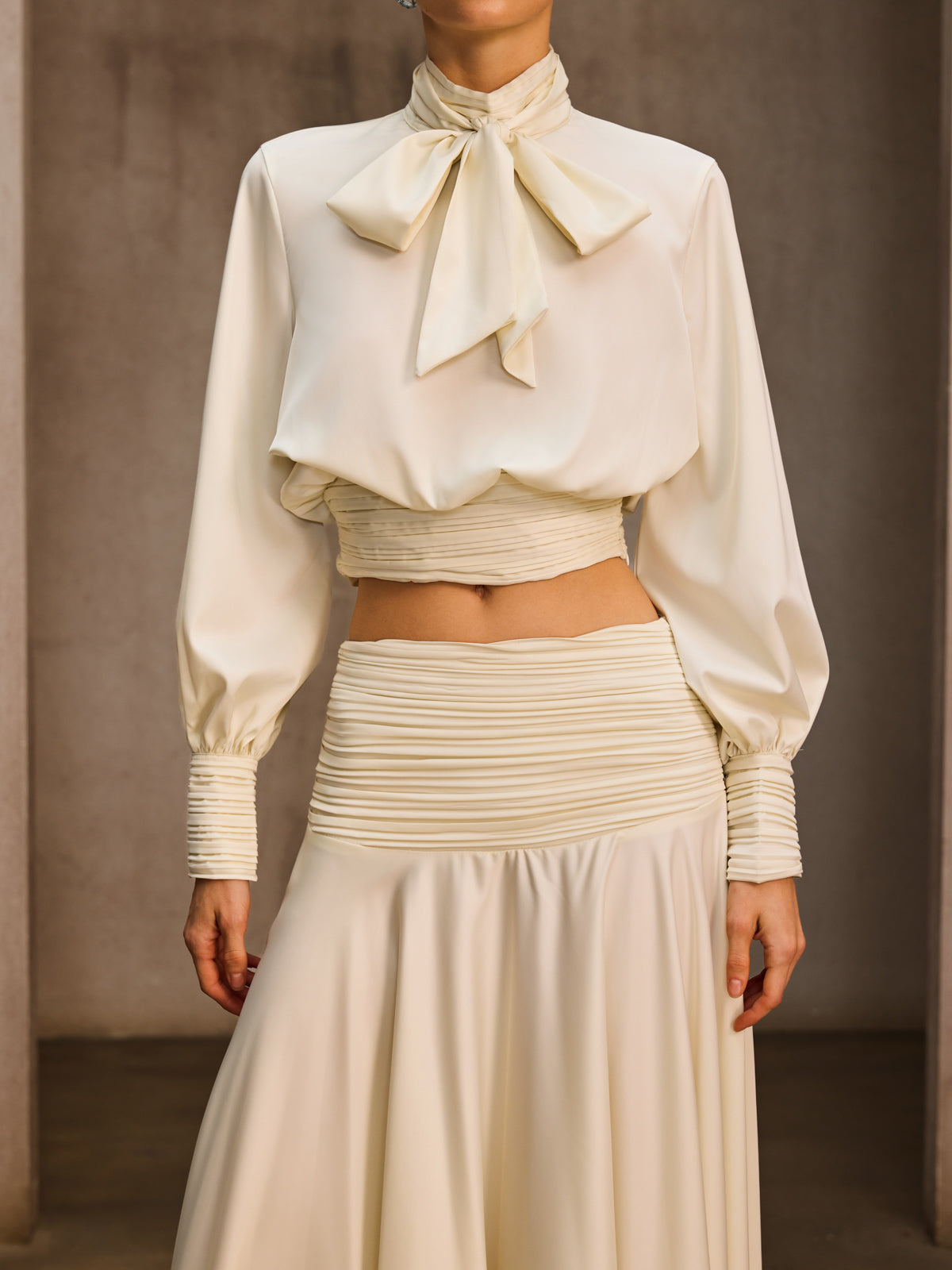 Joriel Long Sleeve Bow Satin Skirt Set