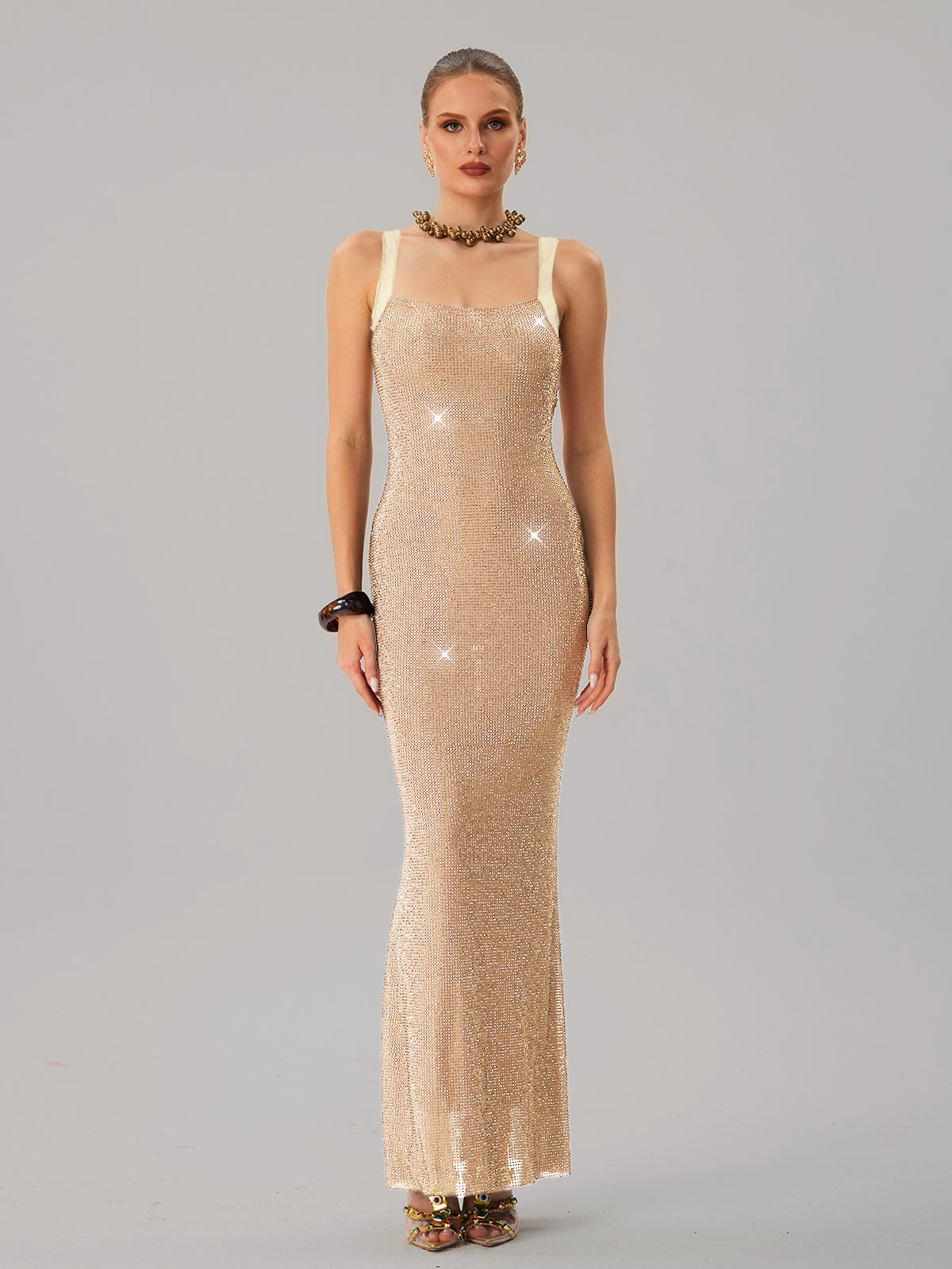 Jouncegrid Backless Rhinestone Maxi Dress In Apricot