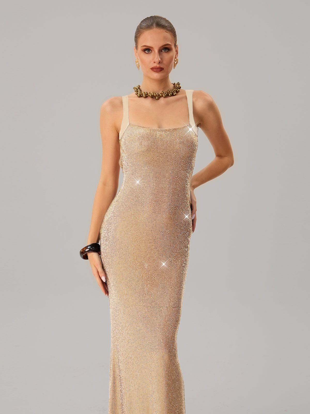 Jouncegrid Backless Rhinestone Maxi Dress In Apricot