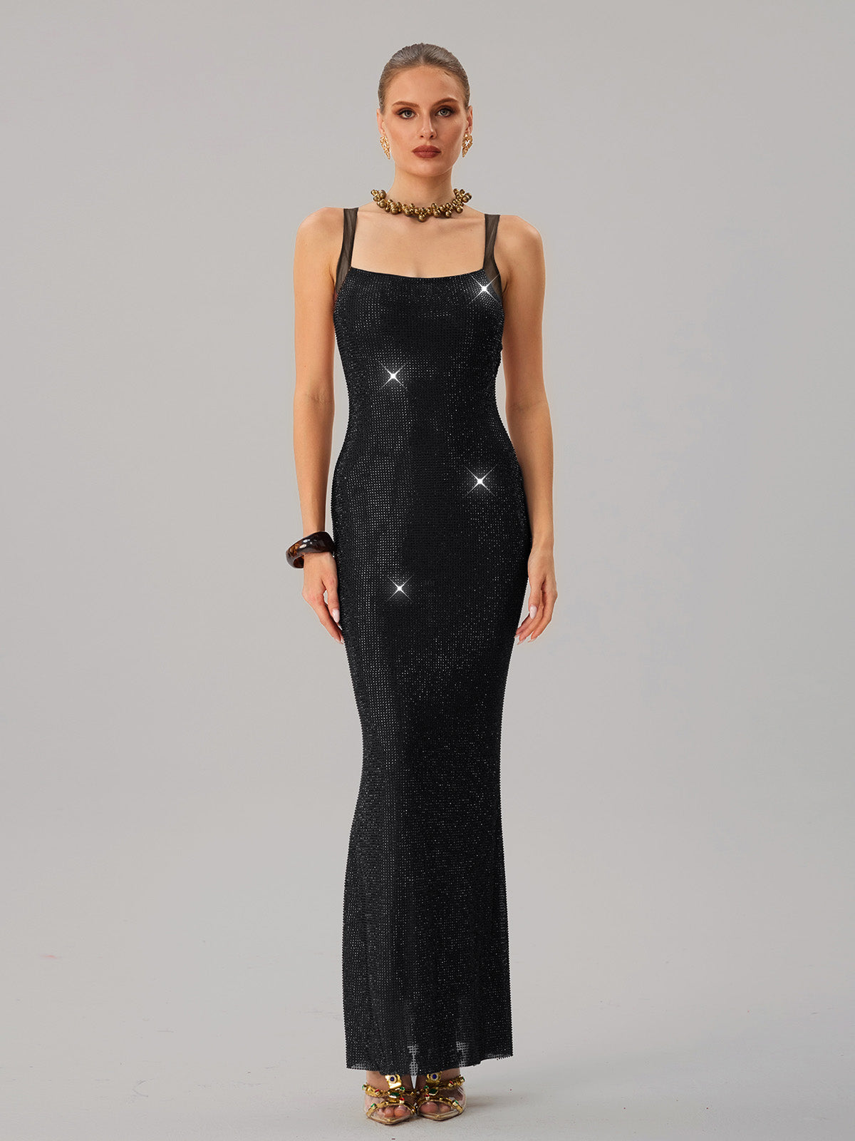 Jouncegrid Backless Rhinestone Maxi Dress In Black