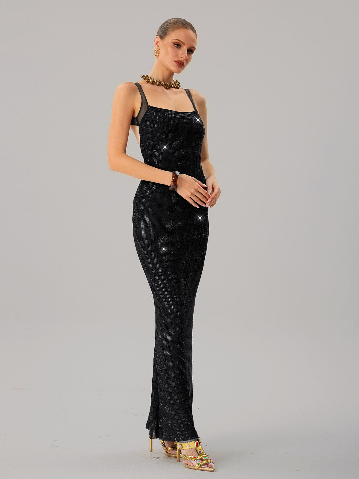 Jouncegrid Backless Rhinestone Maxi Dress In Black