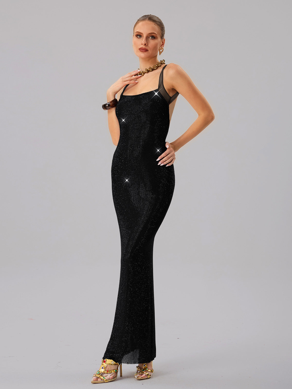 Jouncegrid Backless Rhinestone Maxi Dress In Black