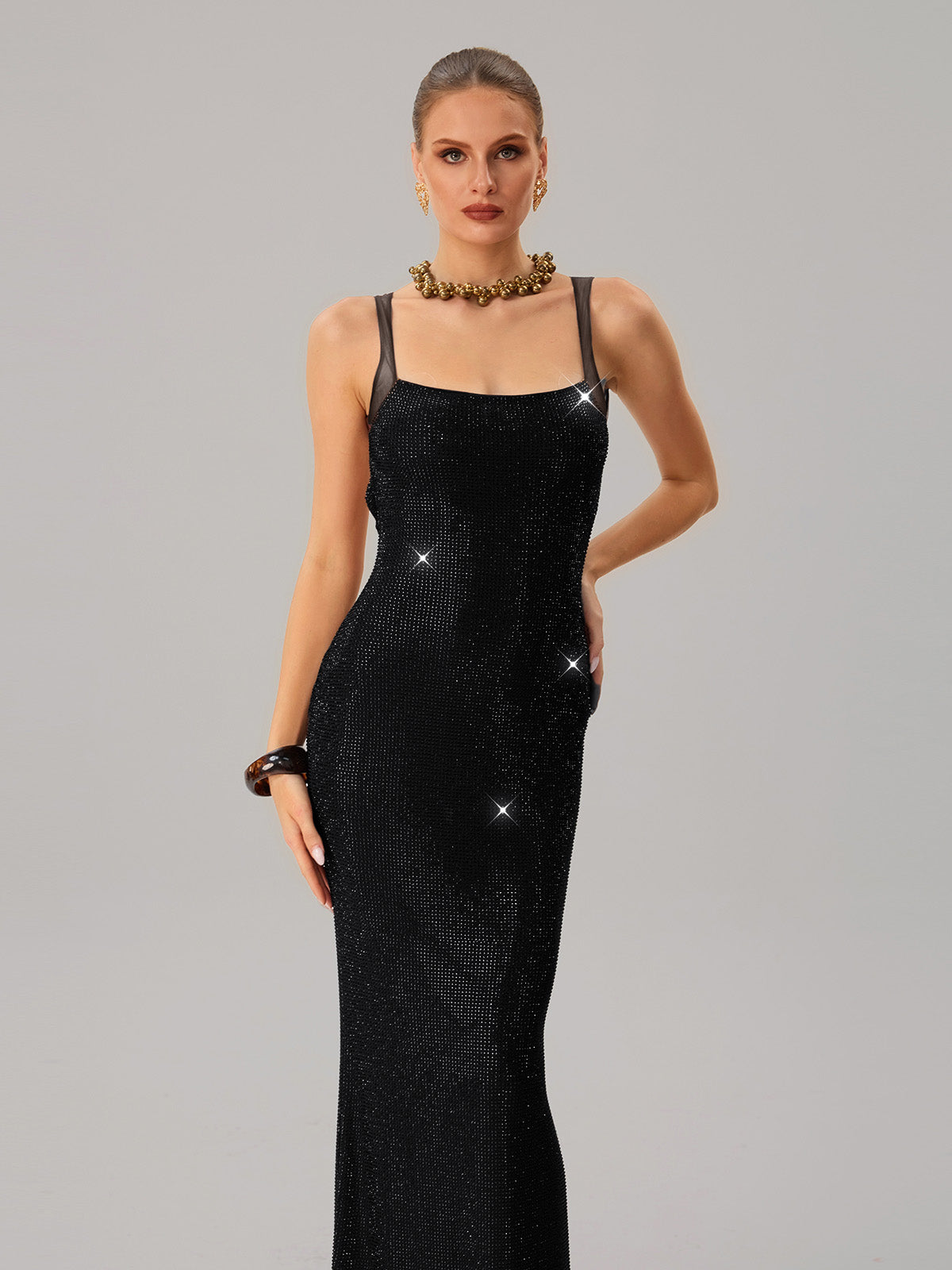 Jouncegrid Backless Rhinestone Maxi Dress In Black