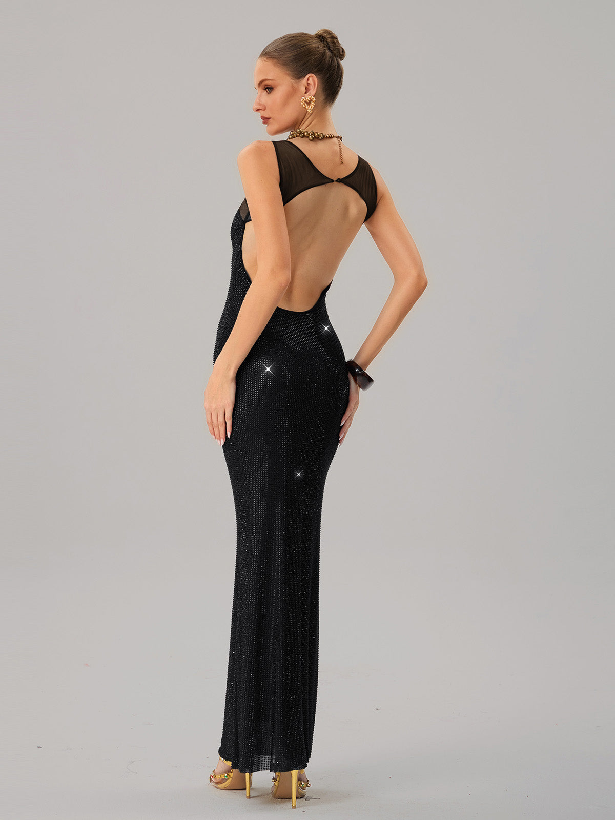 Jouncegrid Backless Rhinestone Maxi Dress In Black