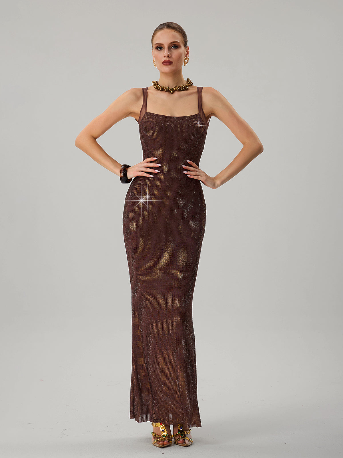 Jouncegrid Backless Rhinestone Maxi Dress In Brown