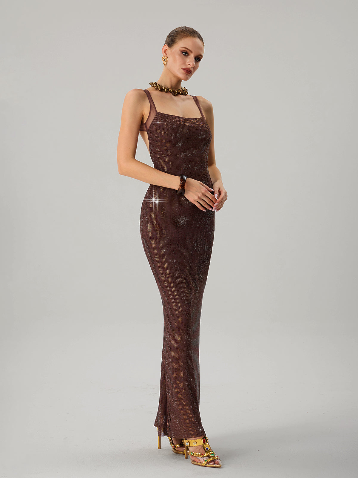 Jouncegrid Backless Rhinestone Maxi Dress In Brown