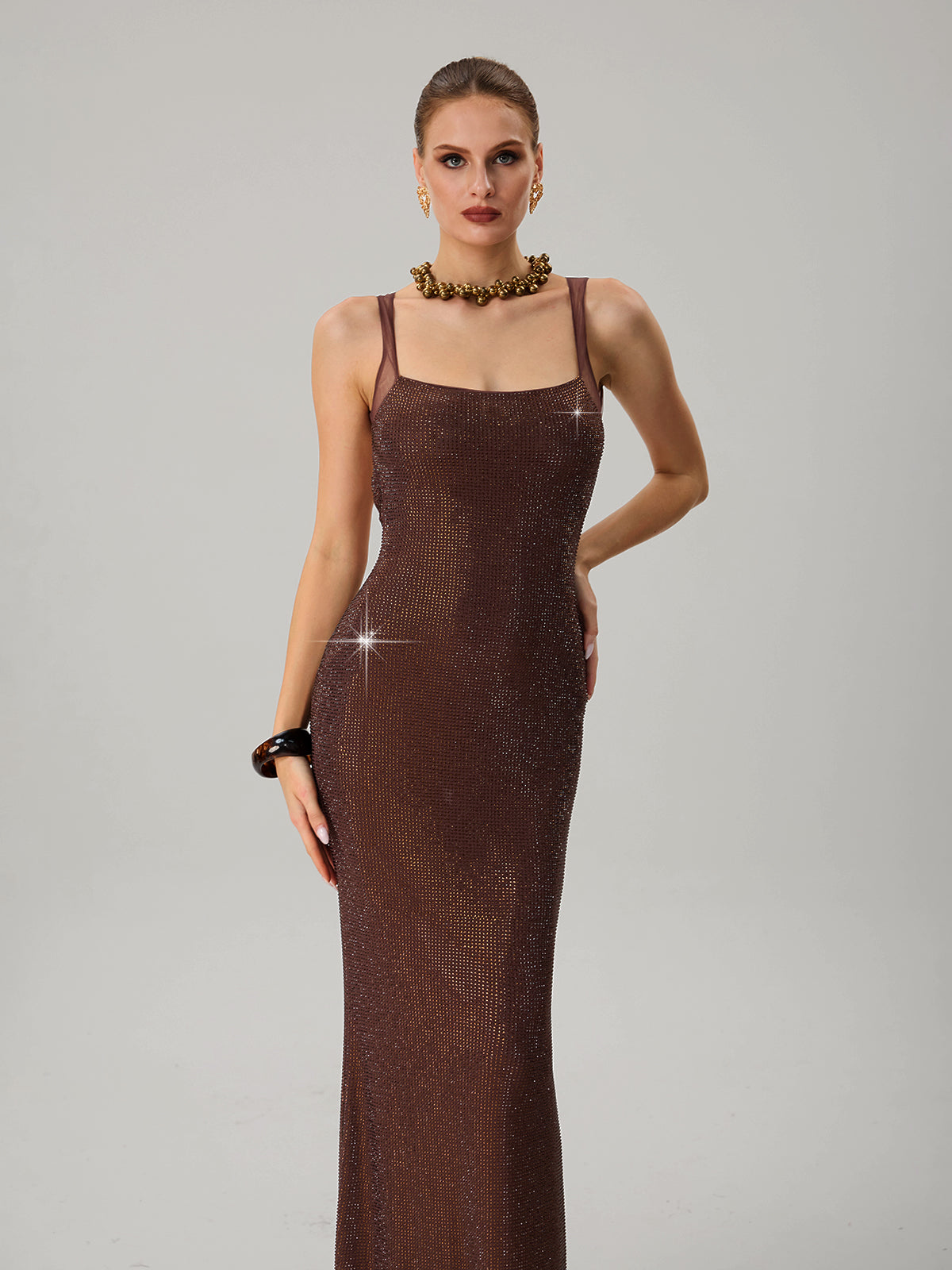 Jouncegrid Backless Rhinestone Maxi Dress In Brown