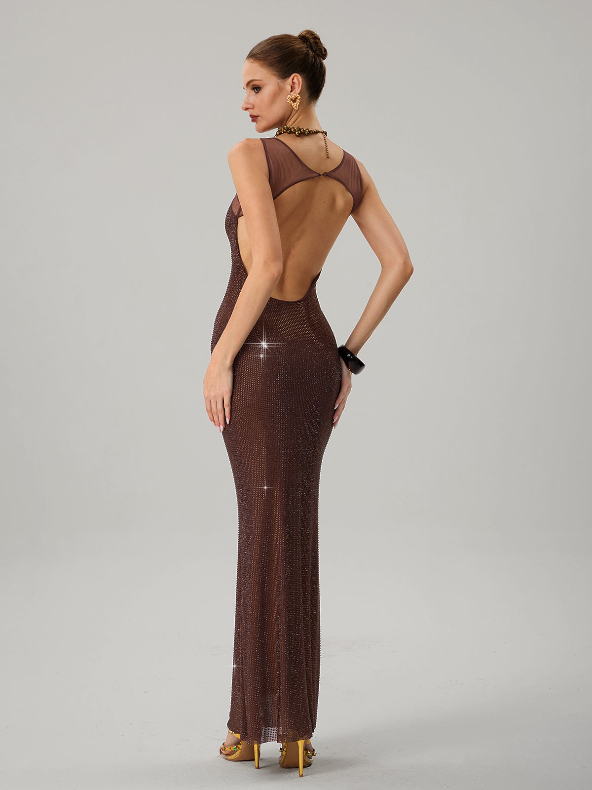 Jouncegrid Backless Rhinestone Maxi Dress In Brown