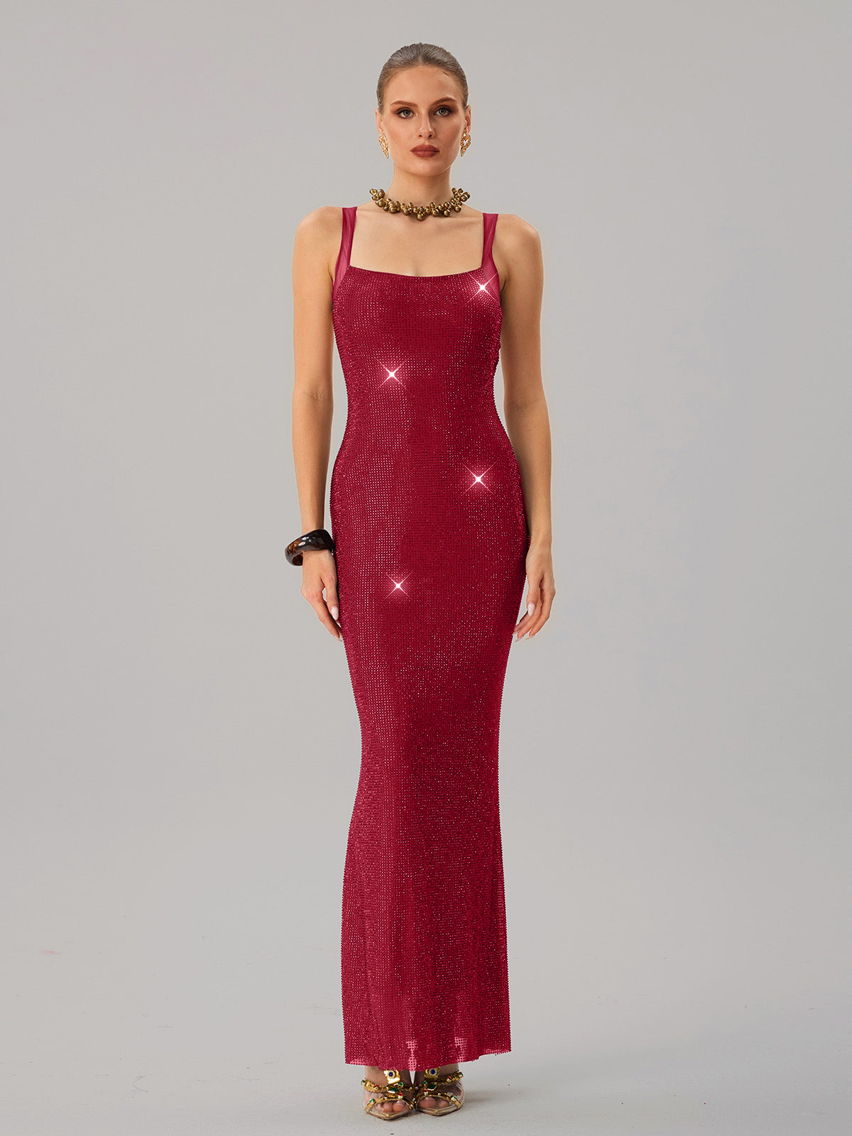 Jouncegrid Backless Rhinestone Maxi Dress In Red
