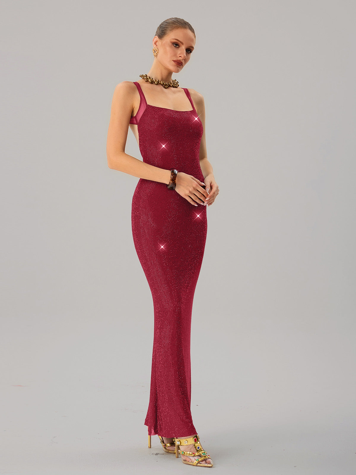 Jouncegrid Backless Rhinestone Maxi Dress In Red