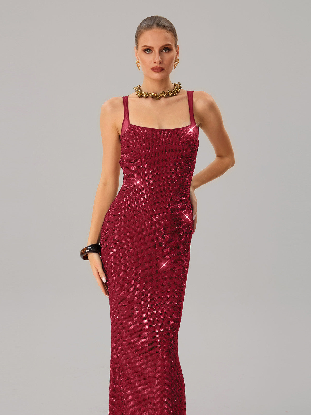 Jouncegrid Backless Rhinestone Maxi Dress In Red