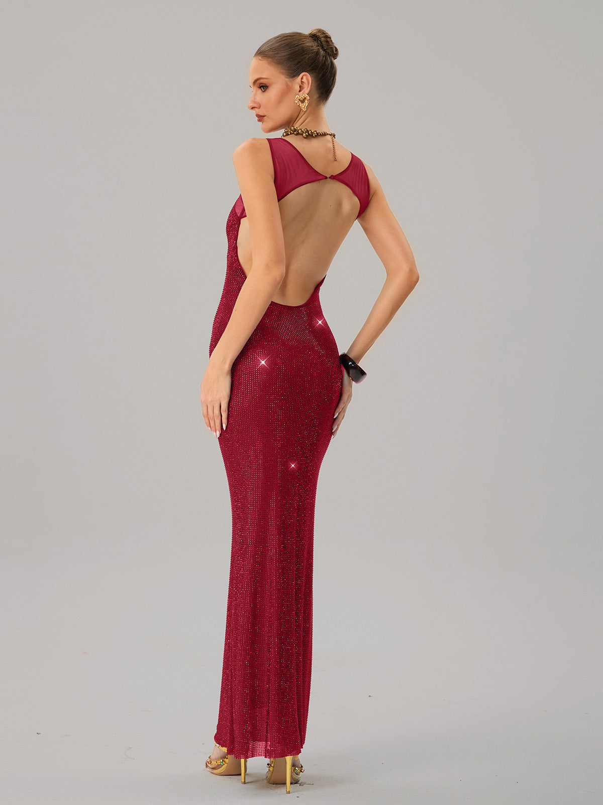 Jouncegrid Backless Rhinestone Maxi Dress In Red