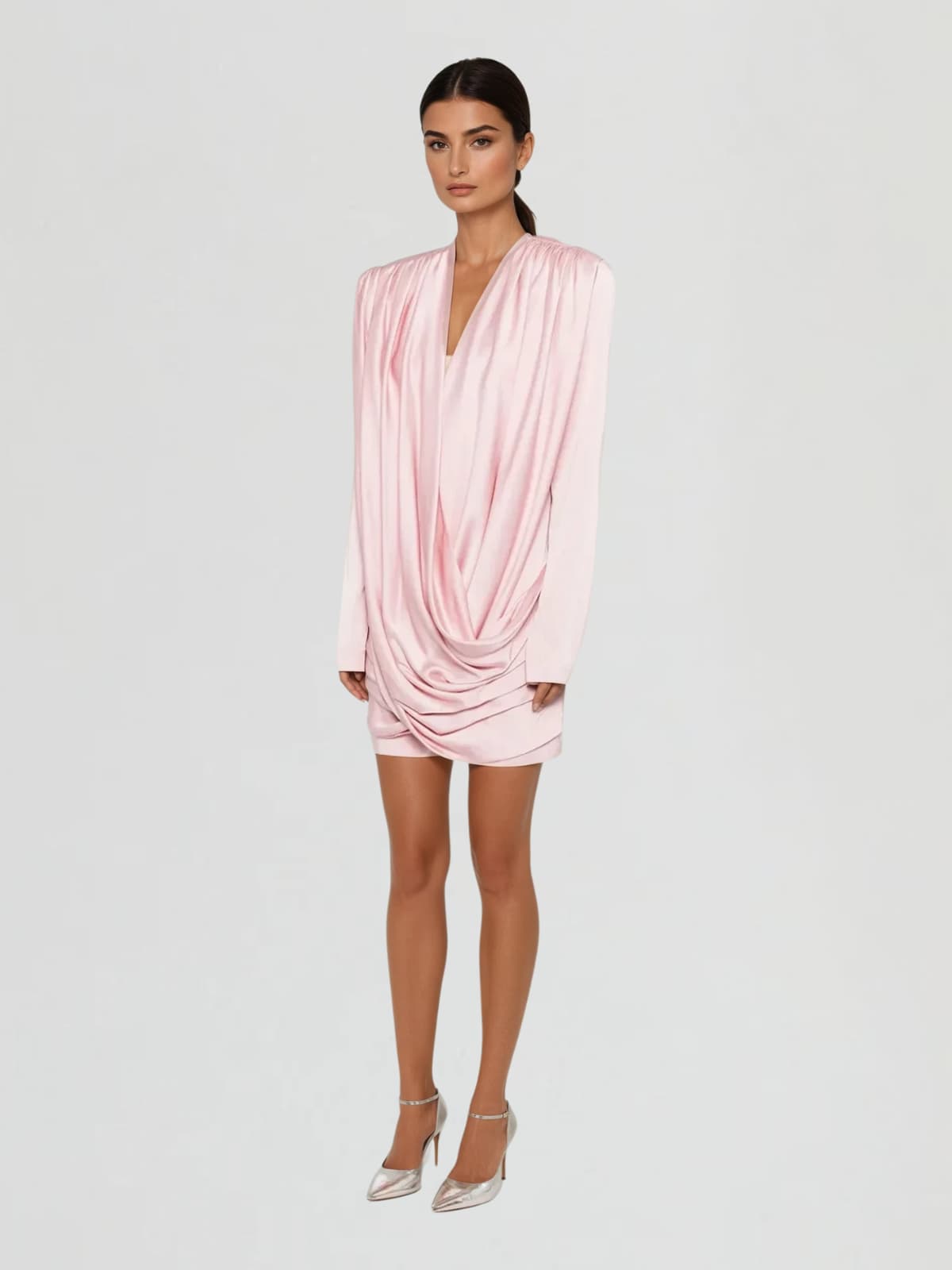 Jounceor V Neck Satin Ruched Mini Dress