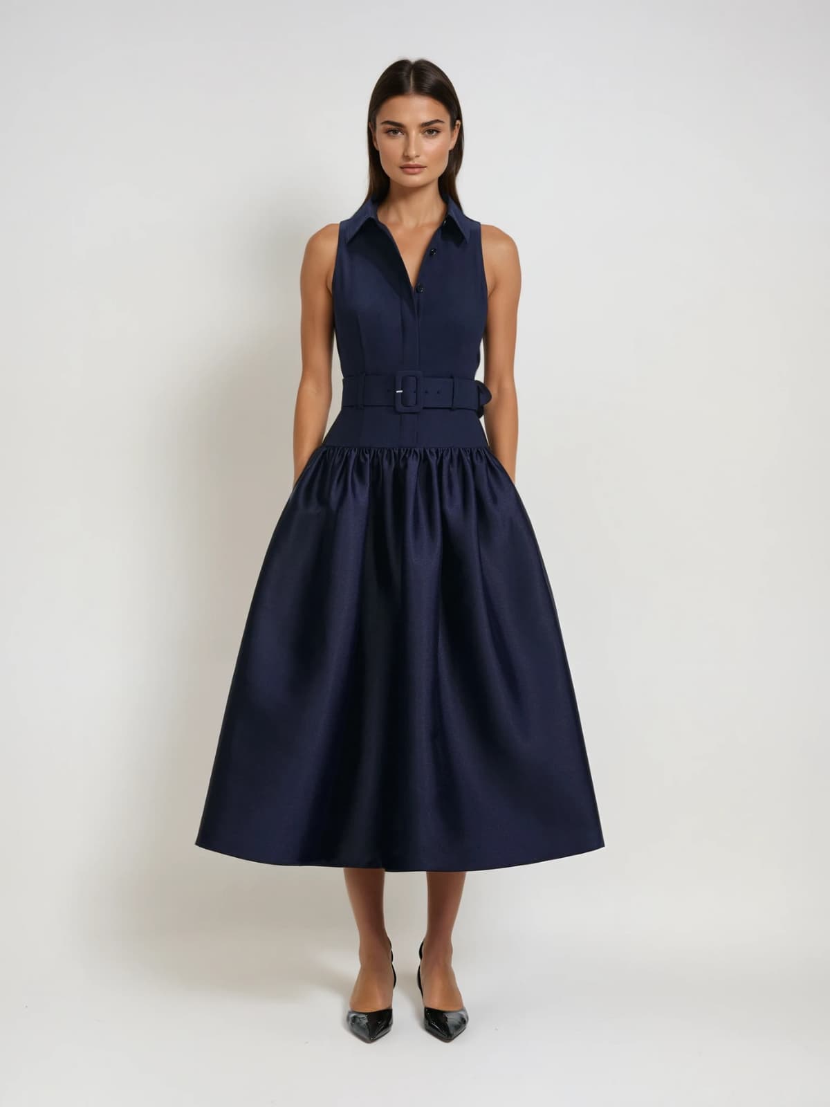 Jovisonic Folded Collar Midi Dress With Belt