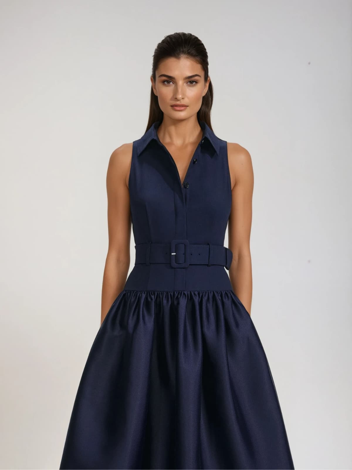Jovisonic Folded Collar Midi Dress With Belt