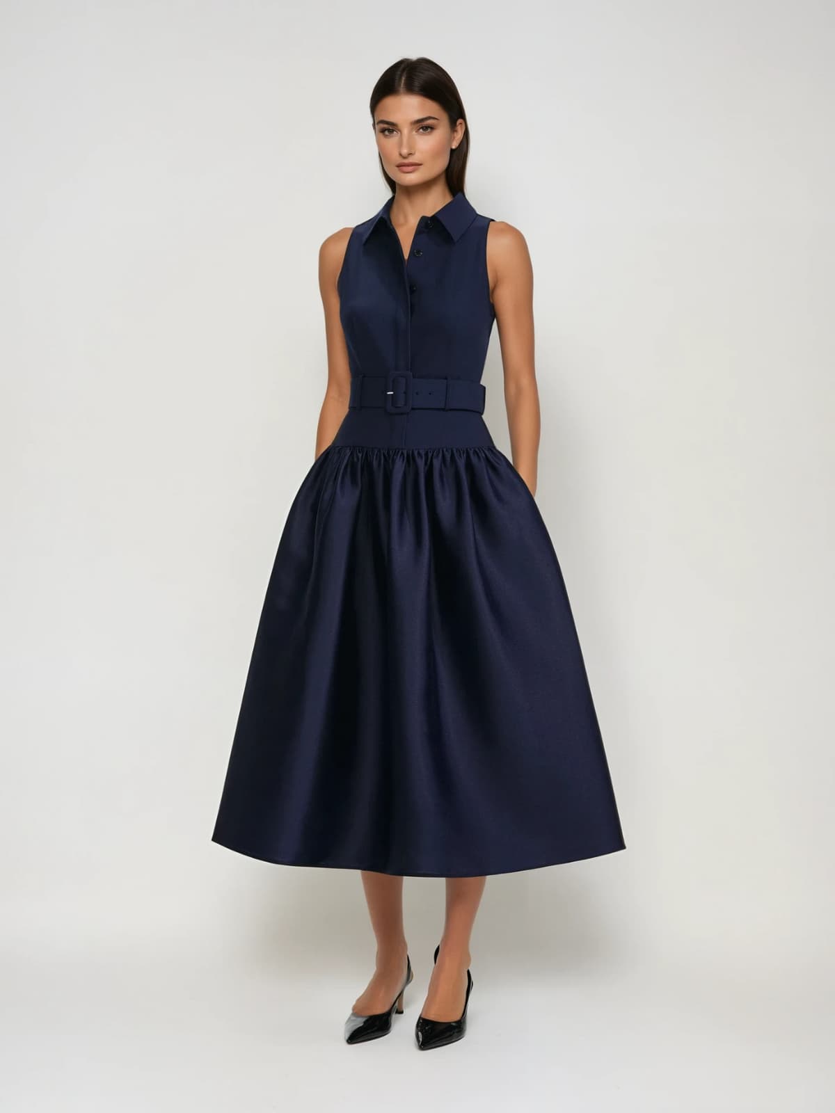 Jovisonic Folded Collar Midi Dress With Belt