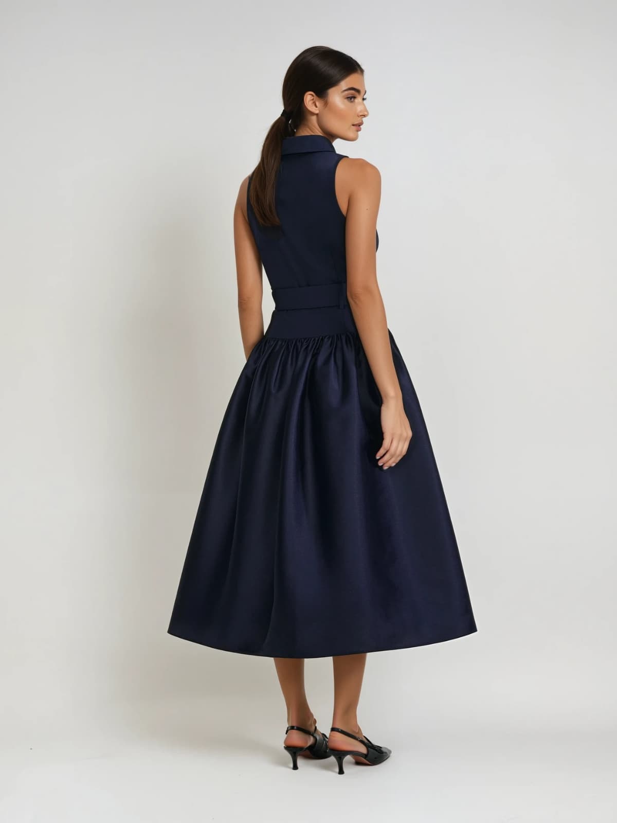 Jovisonic Folded Collar Midi Dress With Belt