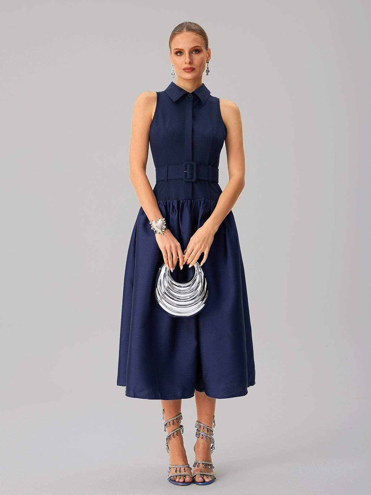 Jovisonic Folded Collar Midi Dress With Belt