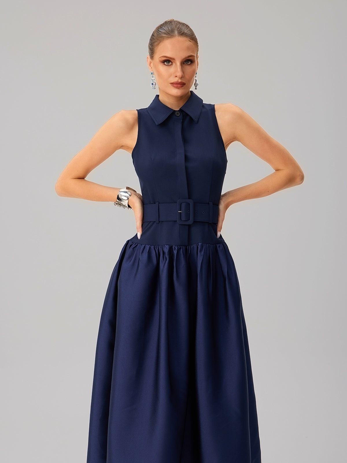 Jovisonic Folded Collar Midi Dress With Belt