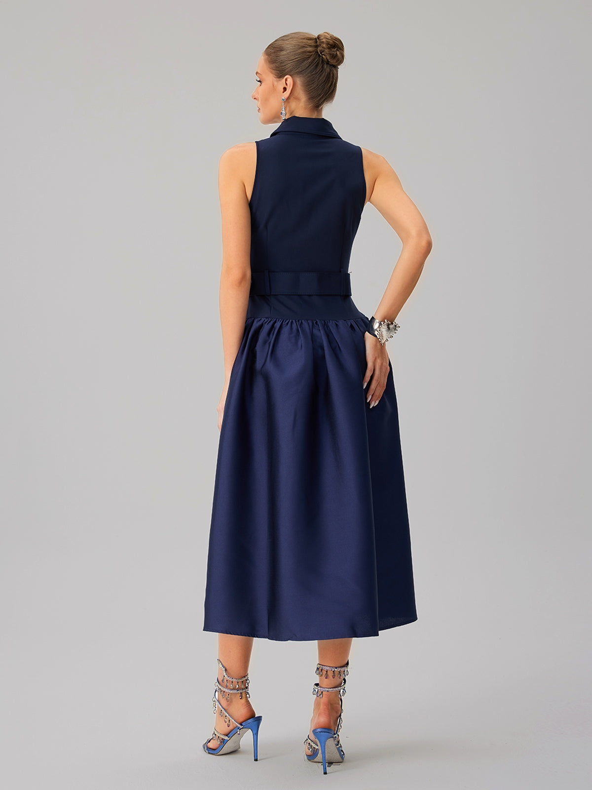 Jovisonic Folded Collar Midi Dress With Belt