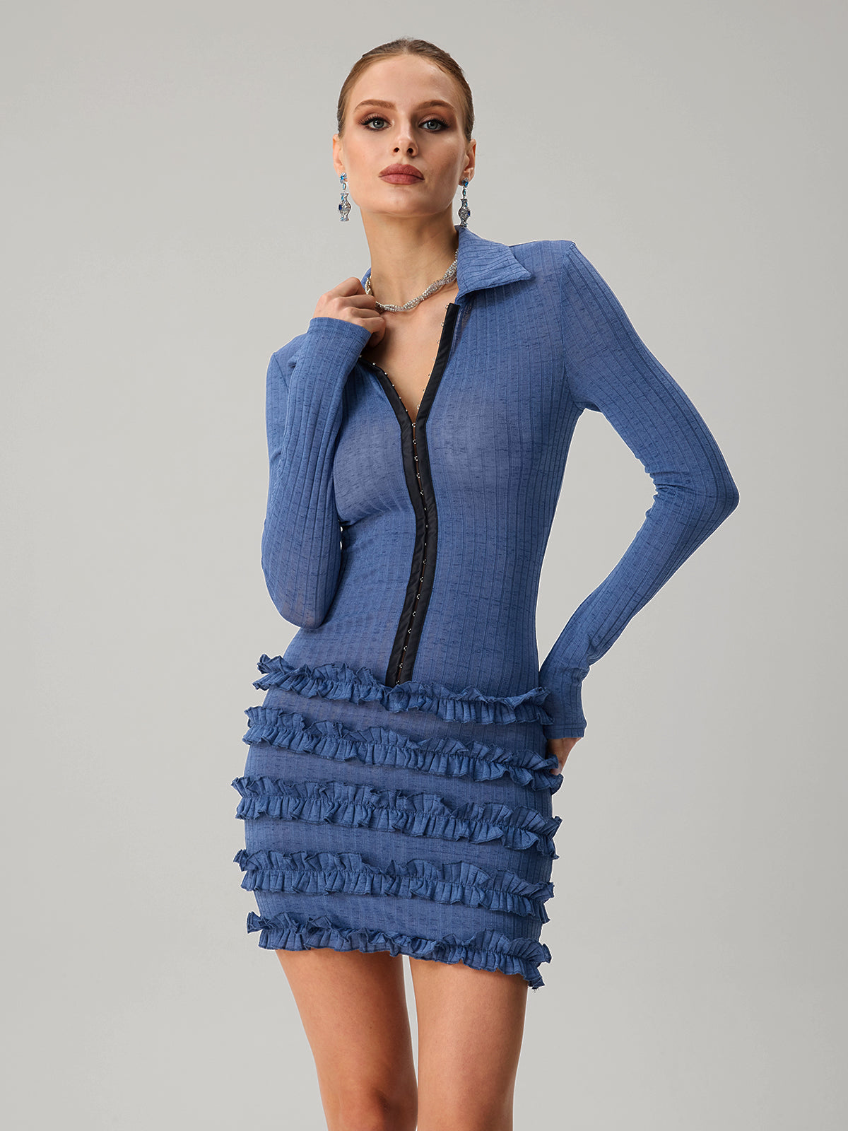 Jovistata Long Sleeve Curl Knit Mini Dress