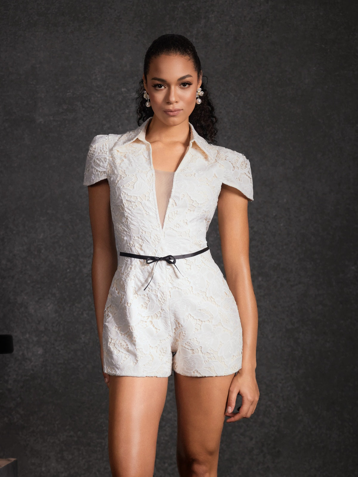 Kafele V Neck Lace Embroidered Romper