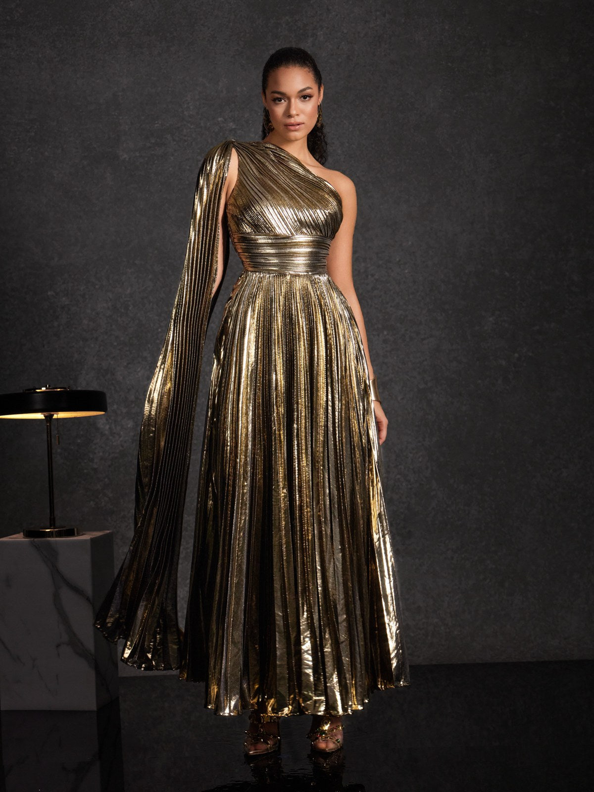 Kaleen One Shoulder Pleated Metallic Dress