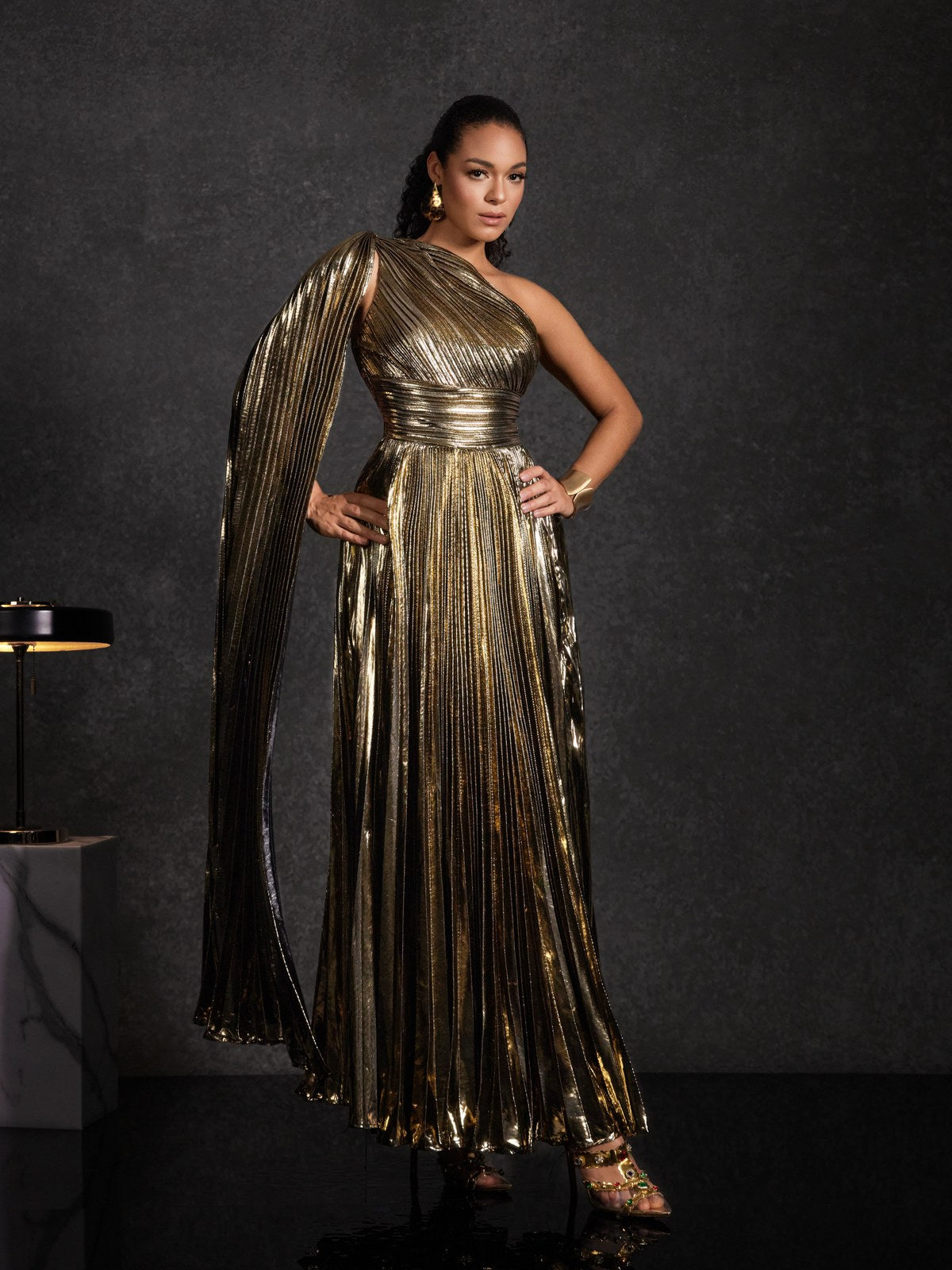 Kaleen One Shoulder Pleated Metallic Dress
