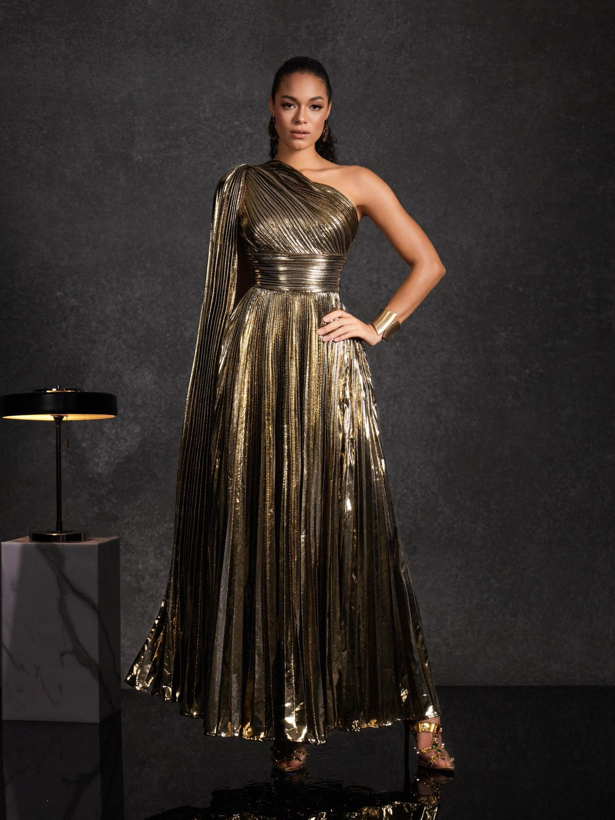 Kaleen One Shoulder Pleated Metallic Dress