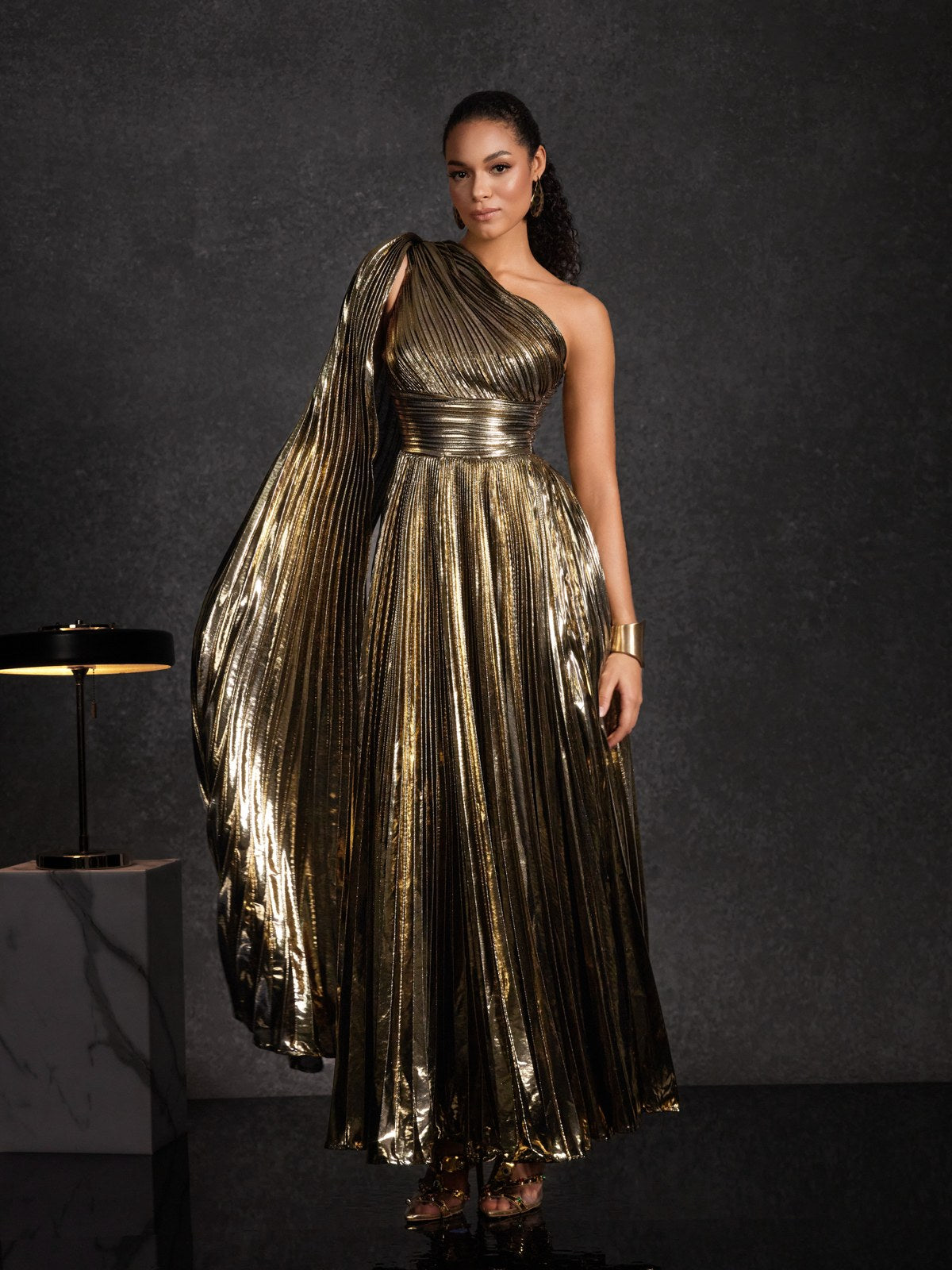 Kaleen One Shoulder Pleated Metallic Dress