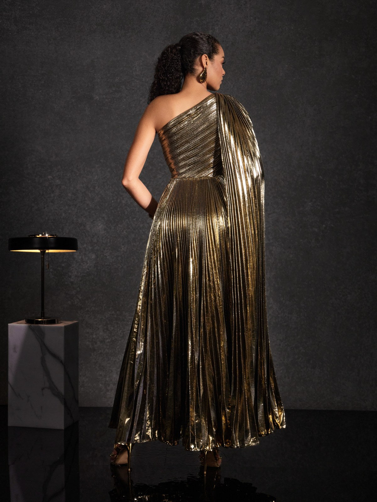 Kaleen One Shoulder Pleated Metallic Dress