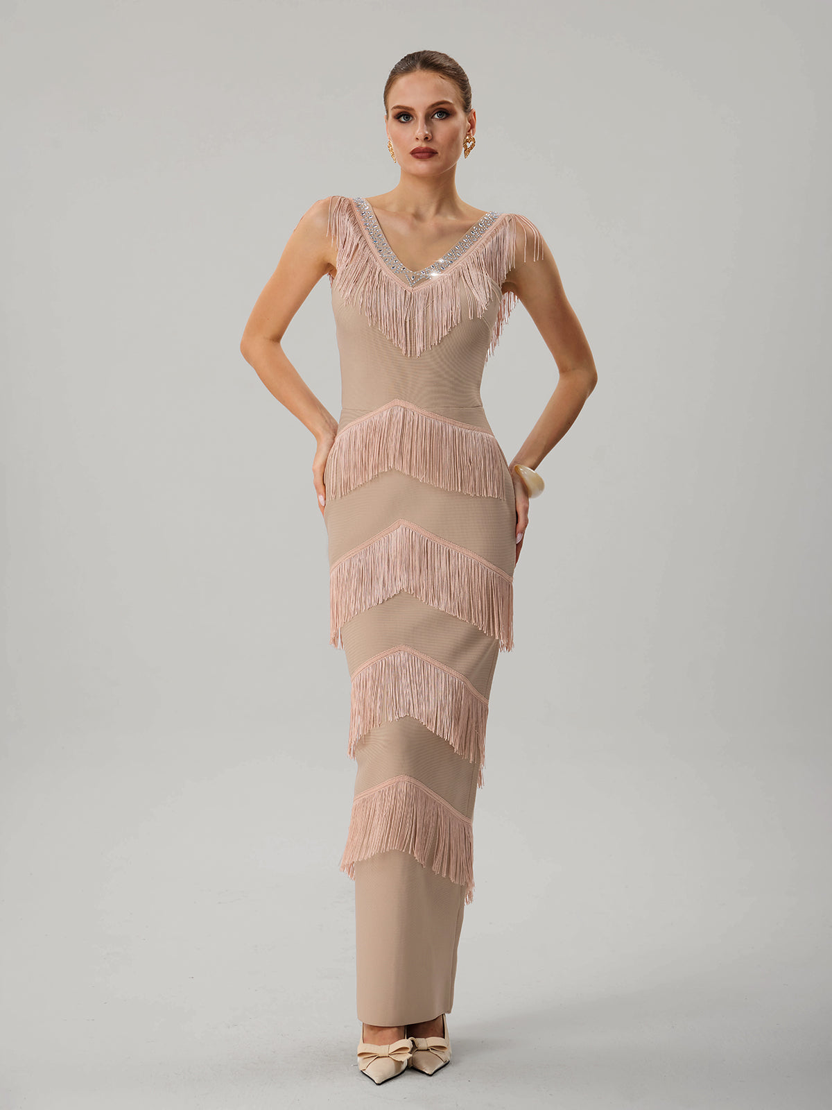 Kaleidrix V Neck Fringe Split Bandage Maxi Dress