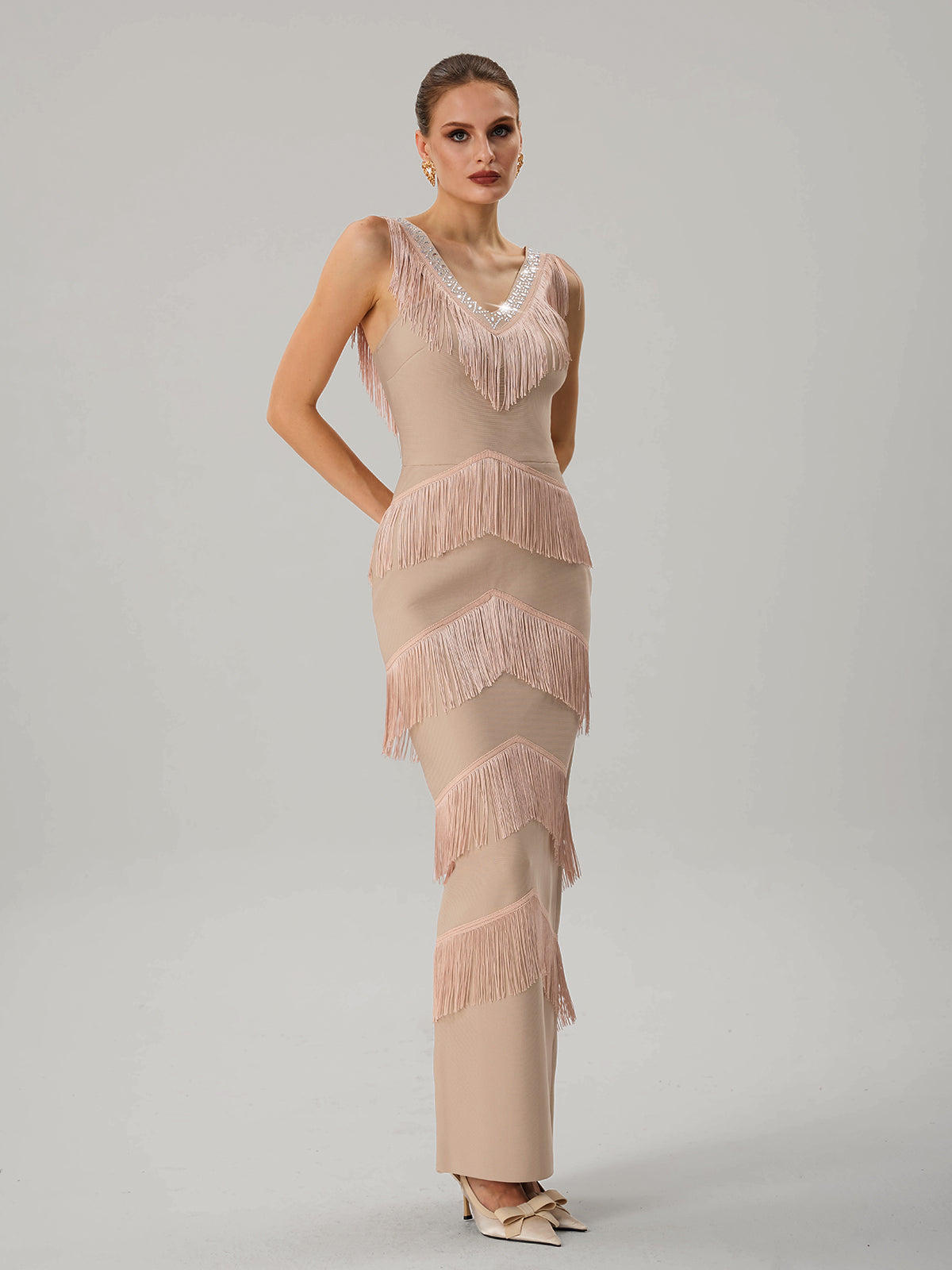 Kaleidrix V Neck Fringe Split Bandage Maxi Dress