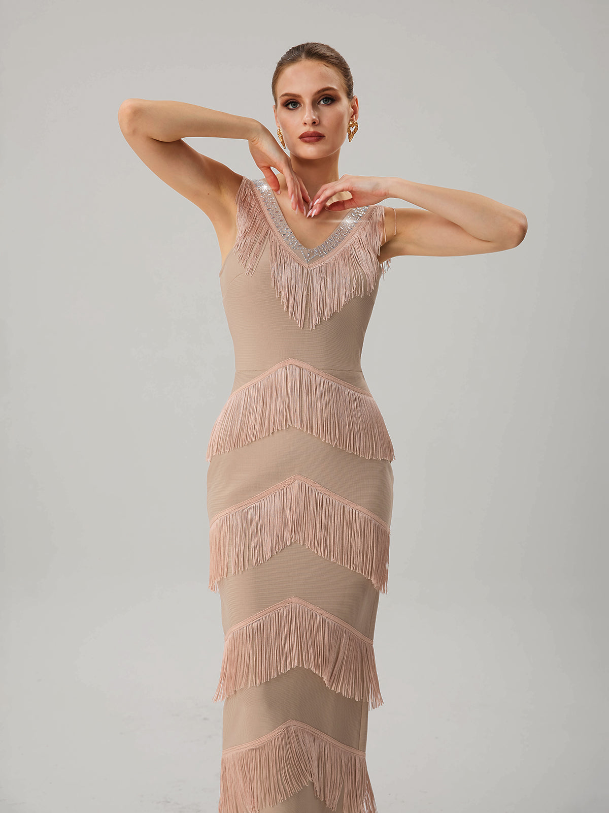 Kaleidrix V Neck Fringe Split Bandage Maxi Dress