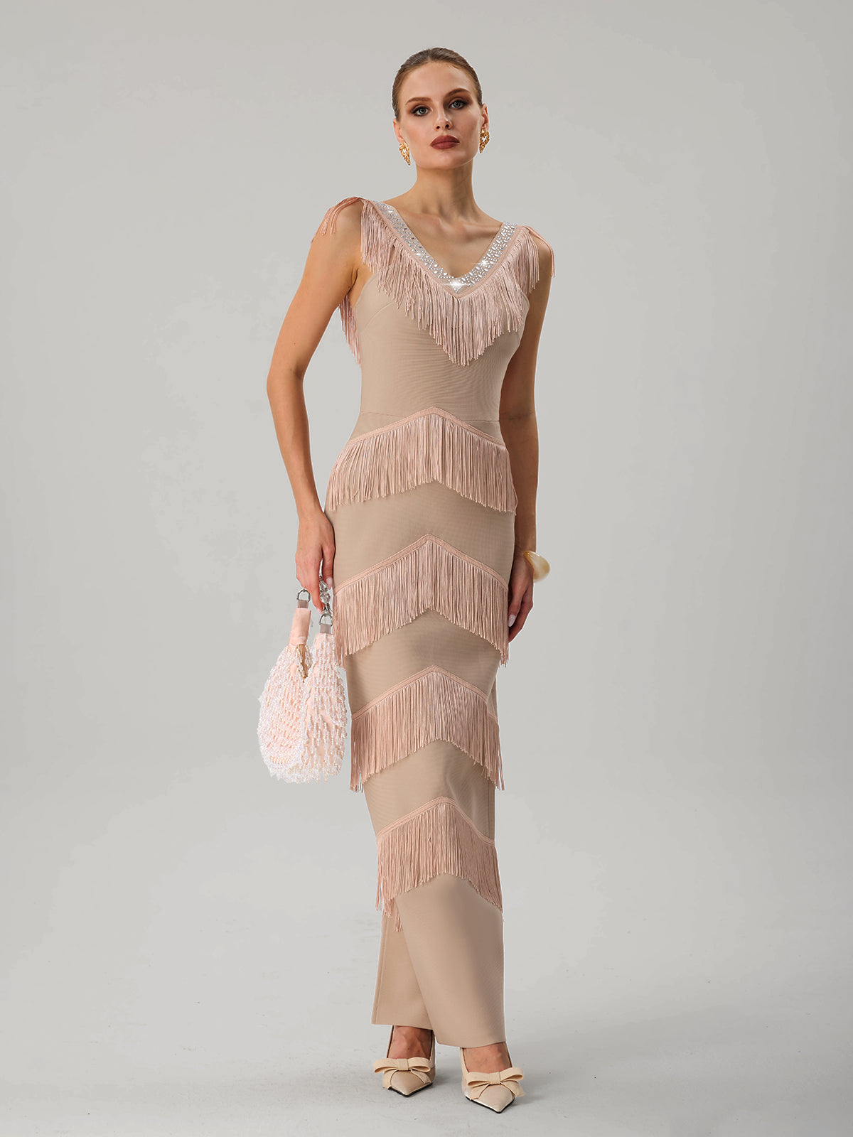 Kaleidrix V Neck Fringe Split Bandage Maxi Dress