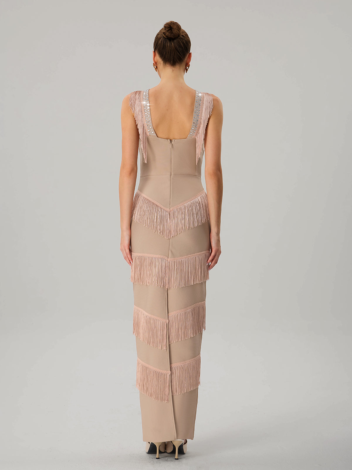 Kaleidrix V Neck Fringe Split Bandage Maxi Dress