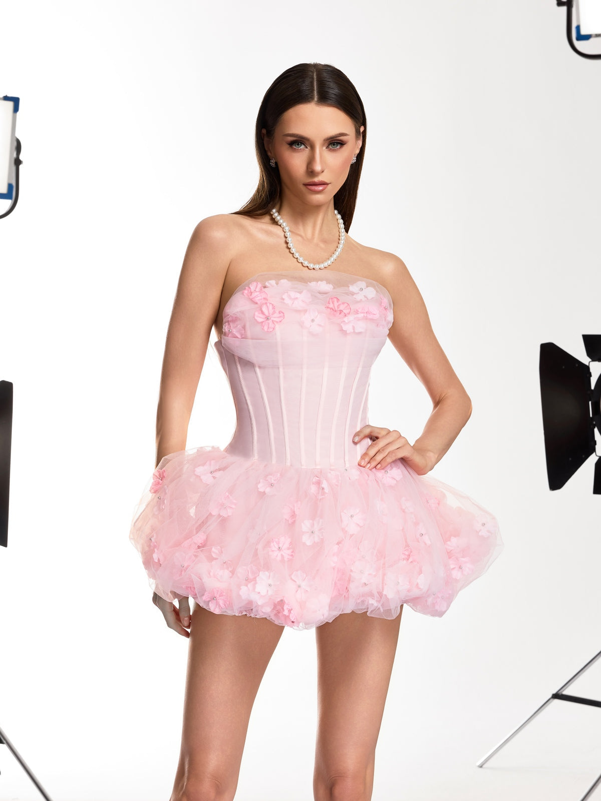 Karmana Strapless Corset Flower Bubble Mini Dress