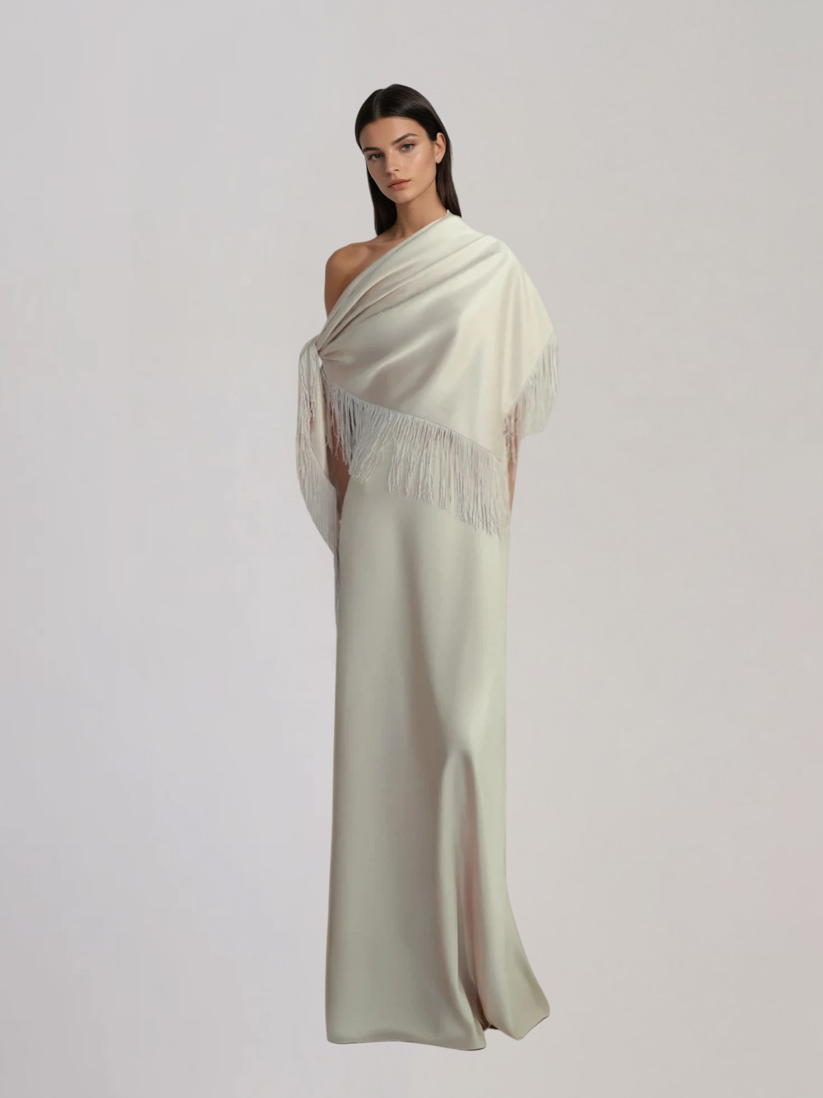 Karneth One Shoulder Fringe Satin Maxi Dress