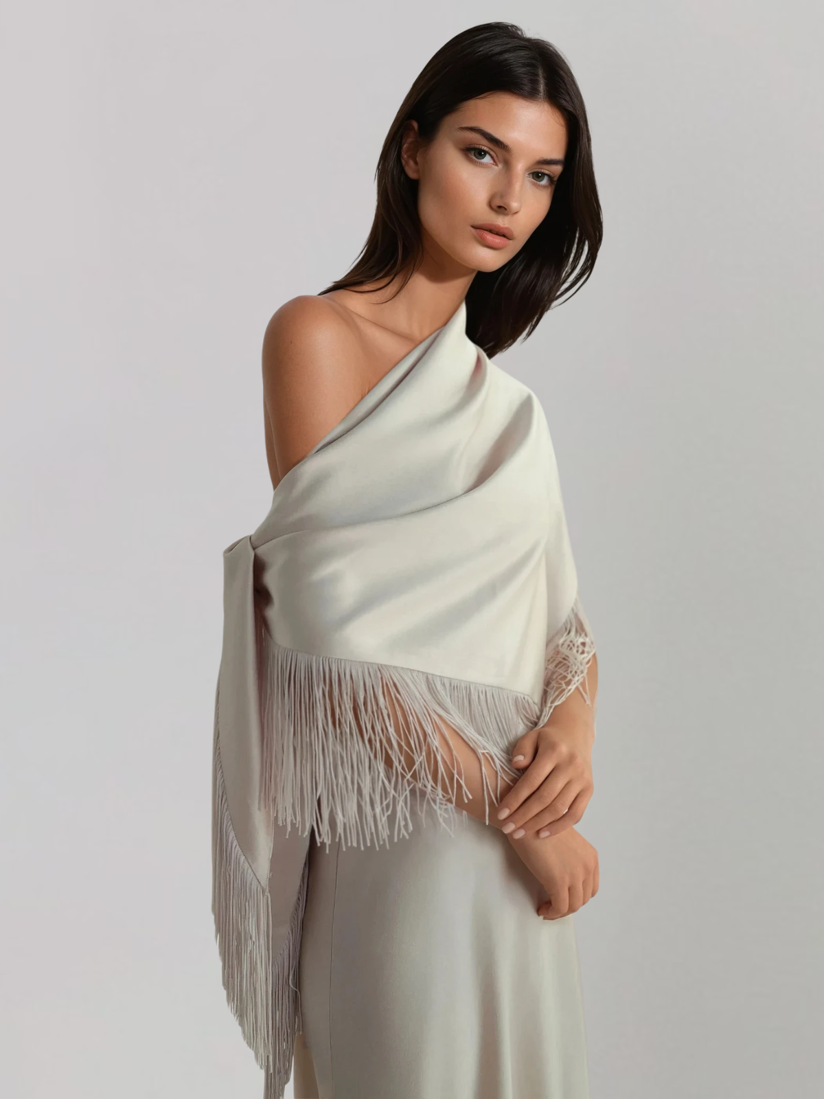 Karneth One Shoulder Fringe Satin Maxi Dress