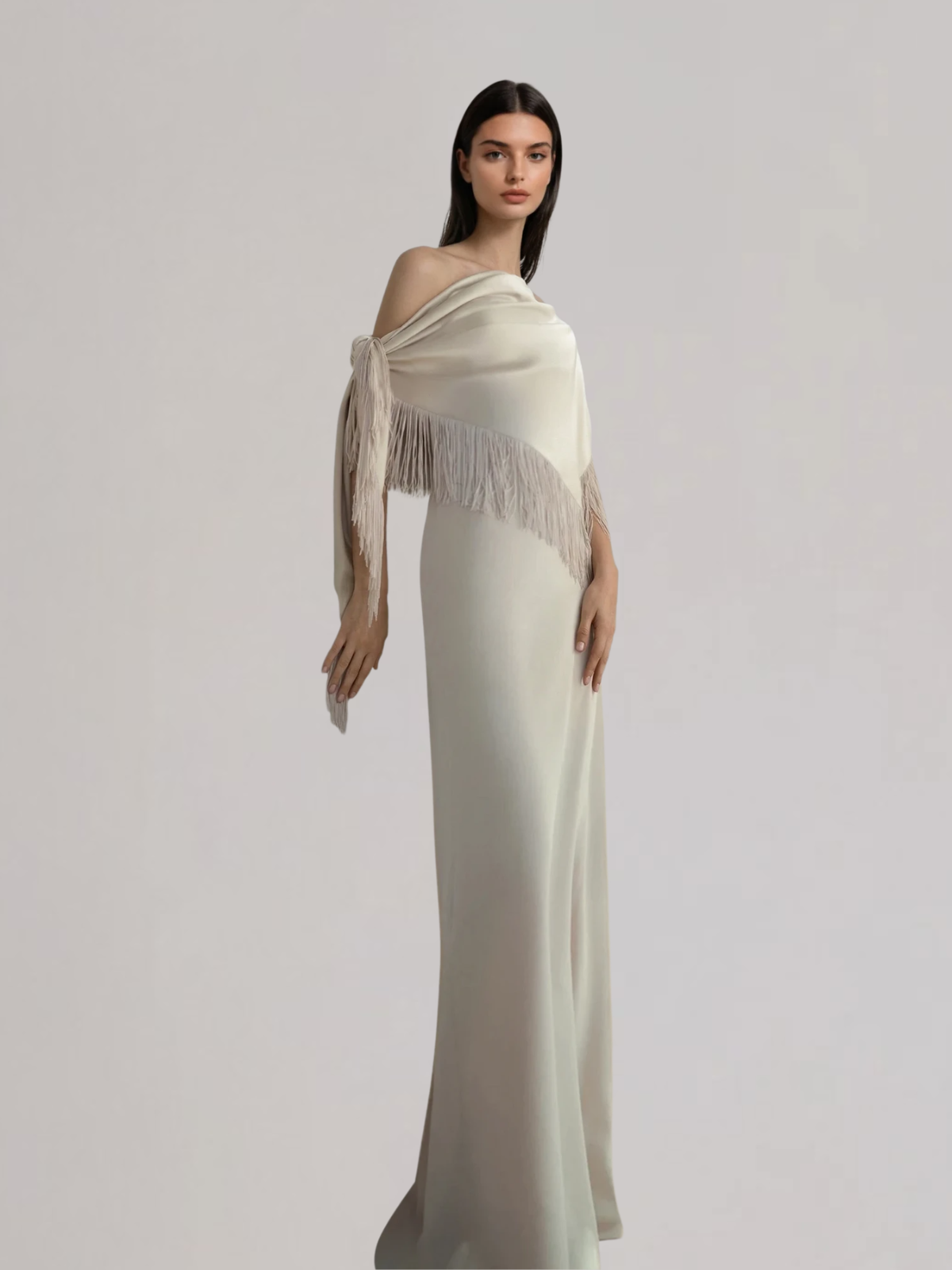 Karneth One Shoulder Fringe Satin Maxi Dress