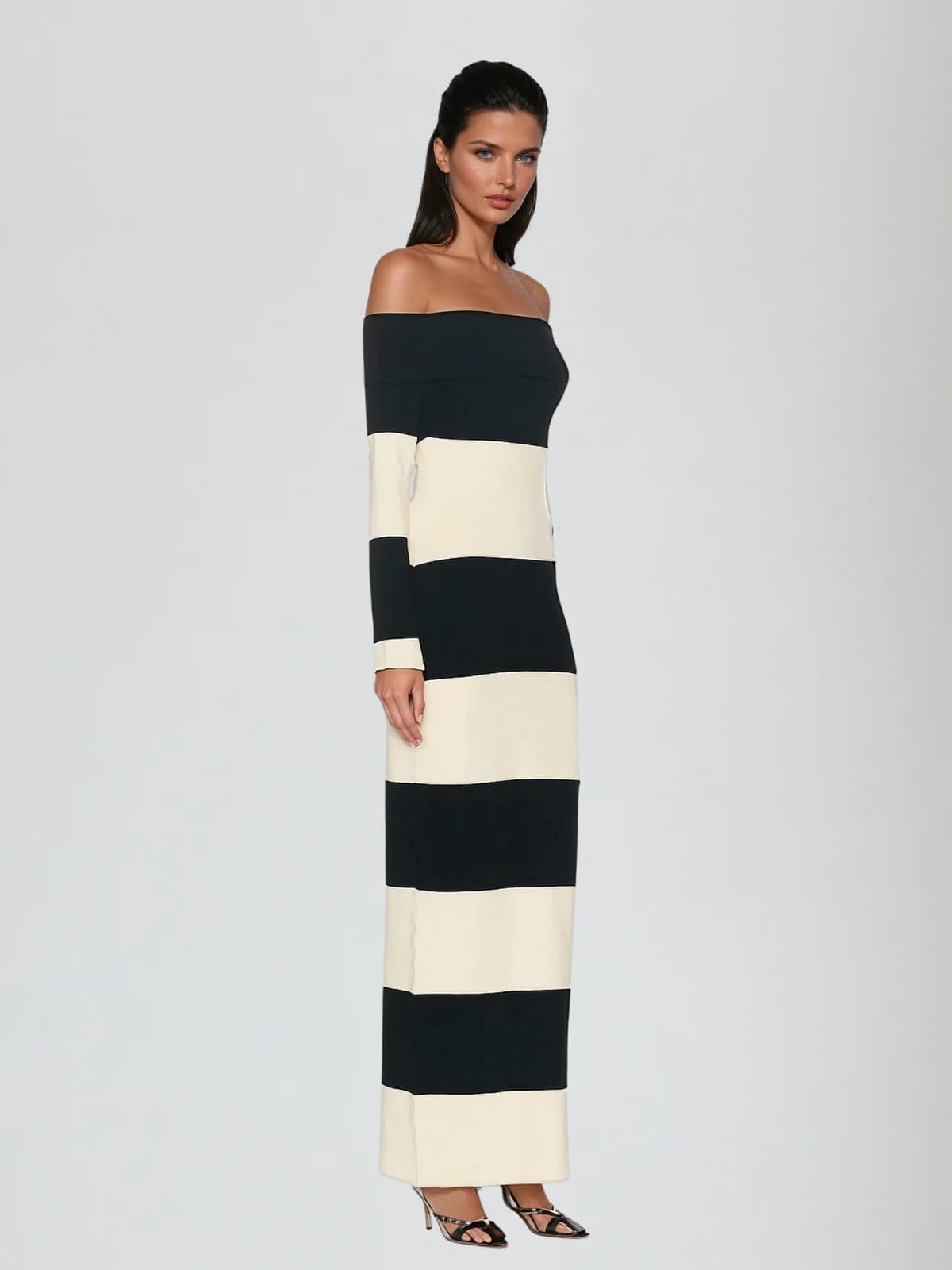 Katzent Off Shoulder Stripe Knit Maxi Dress