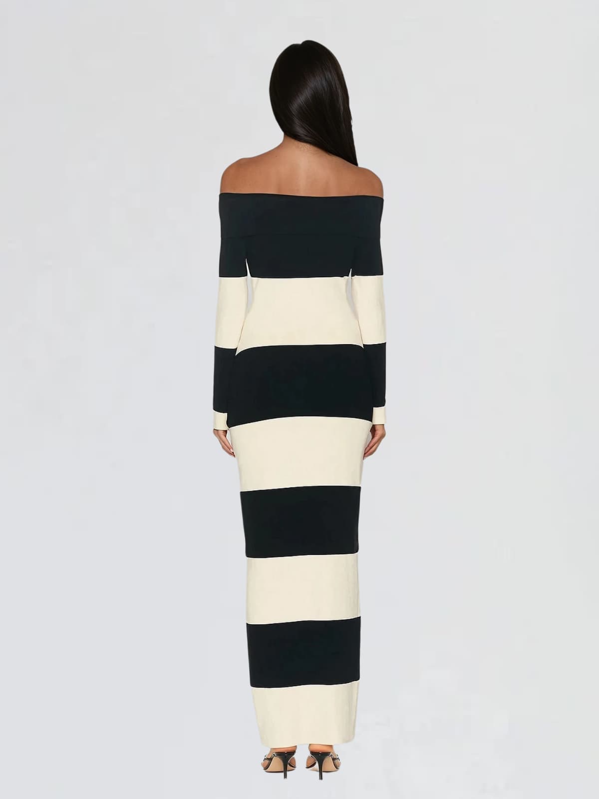 Katzent Off Shoulder Stripe Knit Maxi Dress