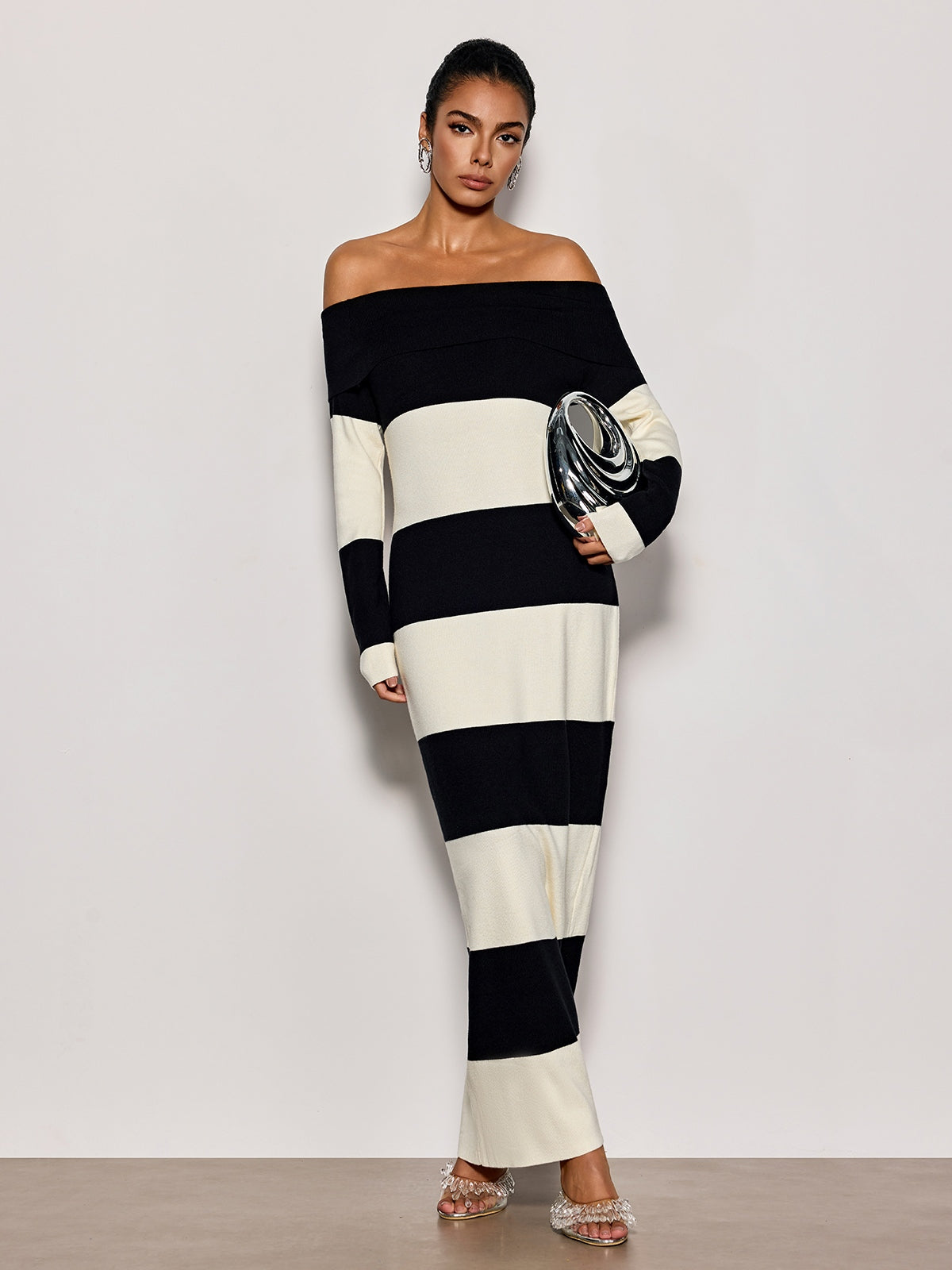 Katzent Off Shoulder Stripe Knit Maxi Dress