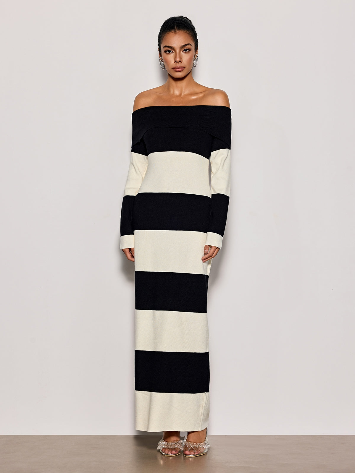 Katzent Off Shoulder Stripe Knit Maxi Dress