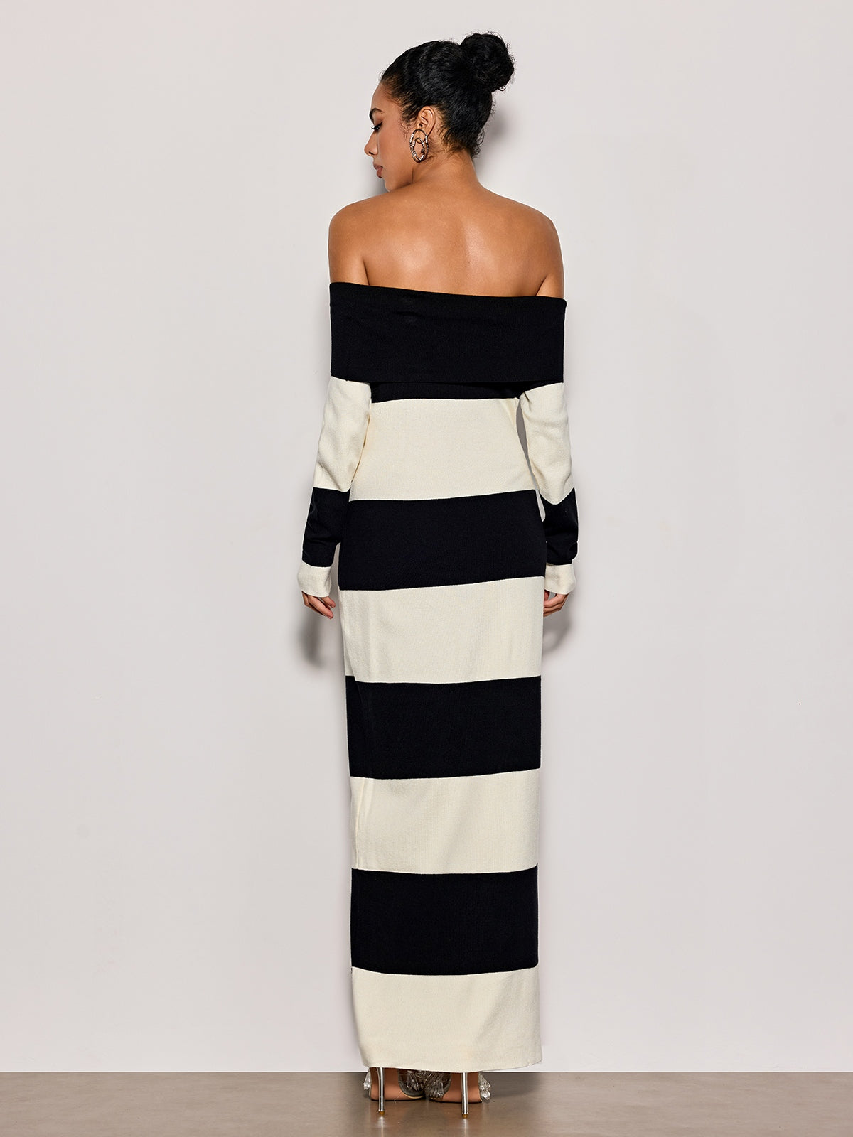 Katzent Off Shoulder Stripe Knit Maxi Dress